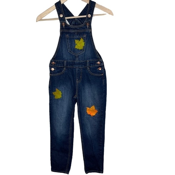 VTG Jordache Y2K Fall Leaves Patches Denim Overalls Size 7 8 Medium - Picture 1 of 14